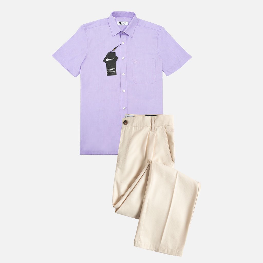 Bộ công sở trung niên: Áo sơ mi nam vải sợi tre màu tím nhạt và quần tây kaki 2 lớp vải thô màu kem trắng